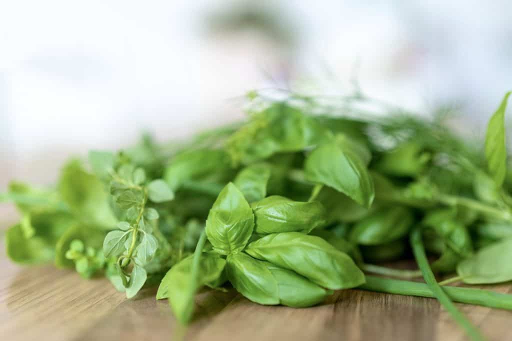 Basil Leaves Indoors On A Cutting Board